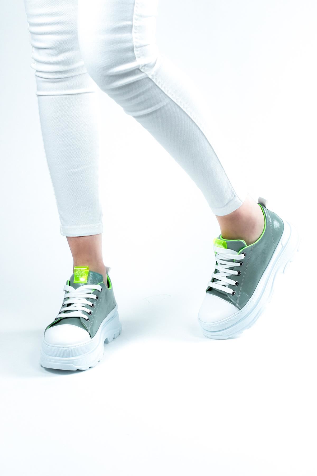 Citrus Neon Detaylı Kalın Taban Kadın Sneaker Yeşil Kırışık