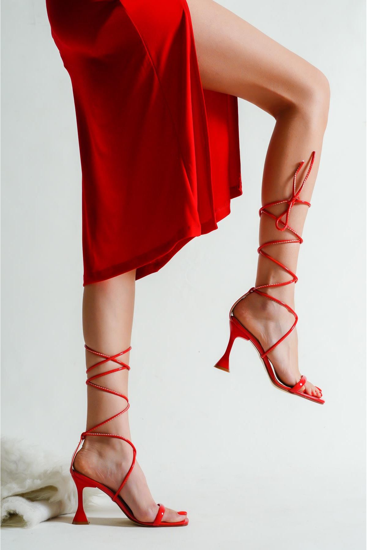 Erta Kadın Bağcıklı Topuklu Ayakkabı Kırmızı Rugan