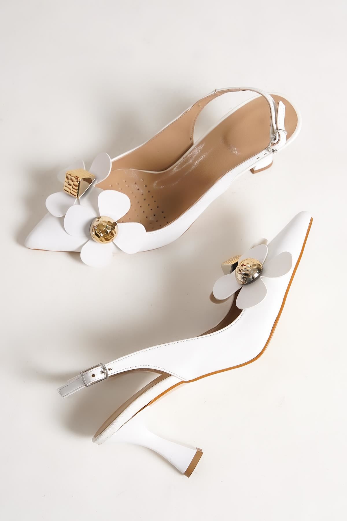 Kadın Stiletto Kısa Topuklu Ayakkabı Tweety Beyaz Çiçekli