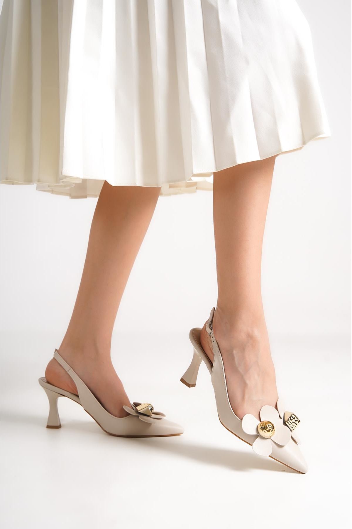 Kadın Stiletto Kısa Topuklu Ayakkabı Tweety Bej Çiçekli