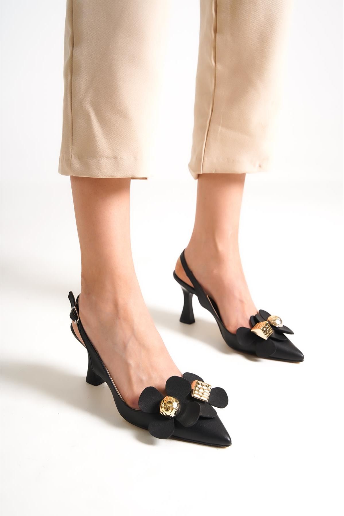 Kadın Stiletto Kısa Topuklu Ayakkabı Tweety Siyah Çiçekli
