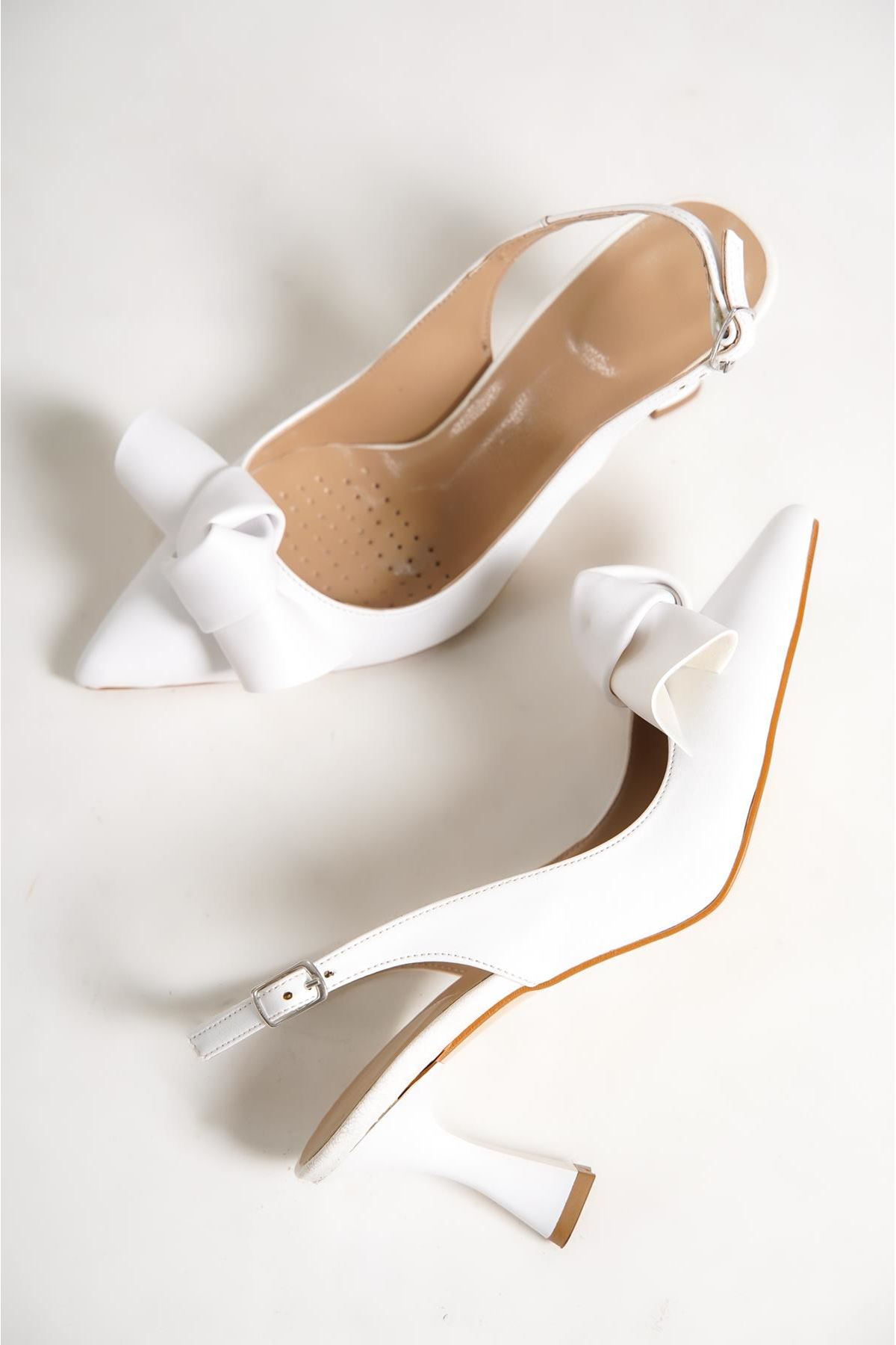 Kadın Stiletto Kısa Topuklu Ayakkabı Tweety Beyaz Fiyonk