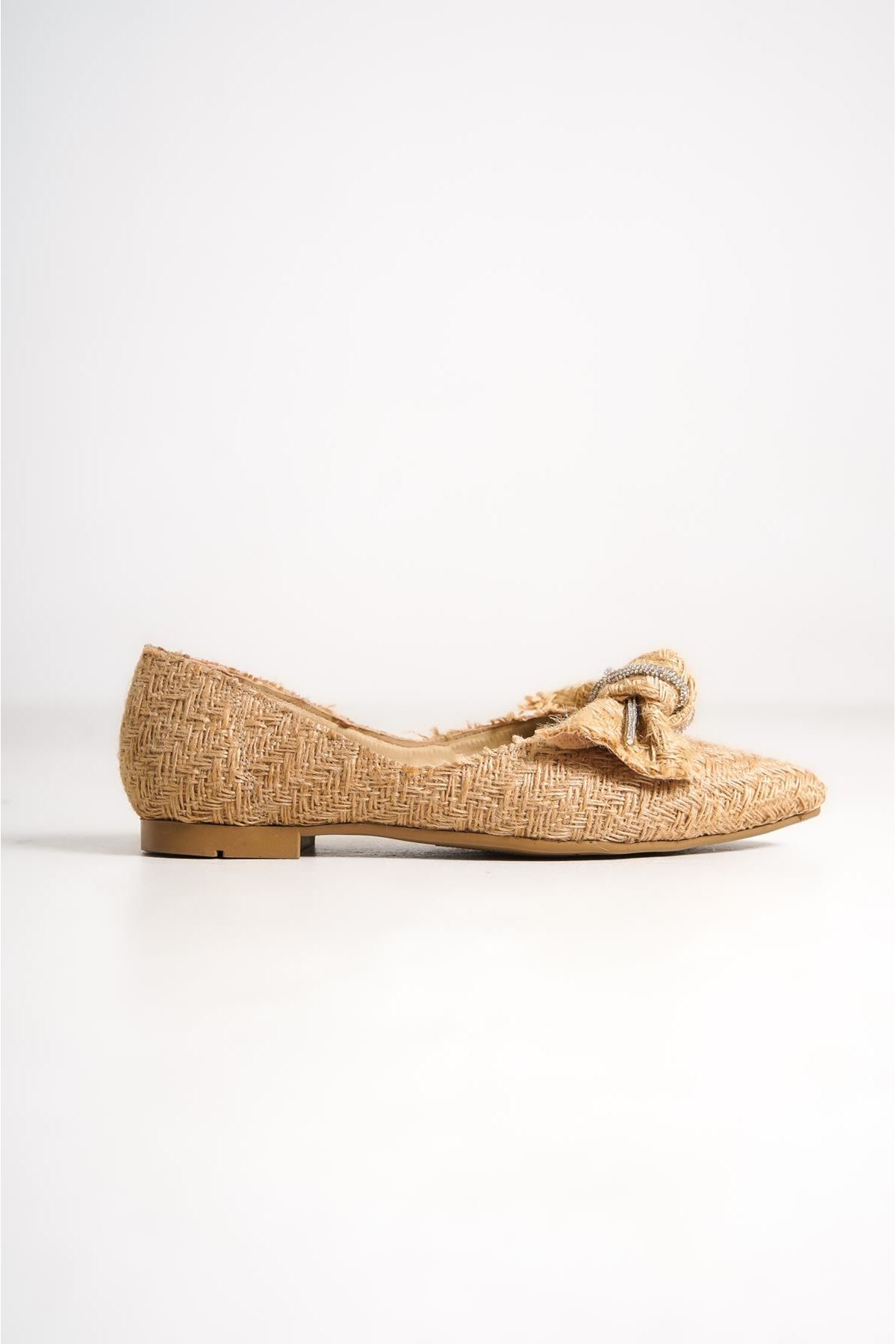 Samber Kadın Babet Ayakkabı Hasır Fiyonklu- Taşlı