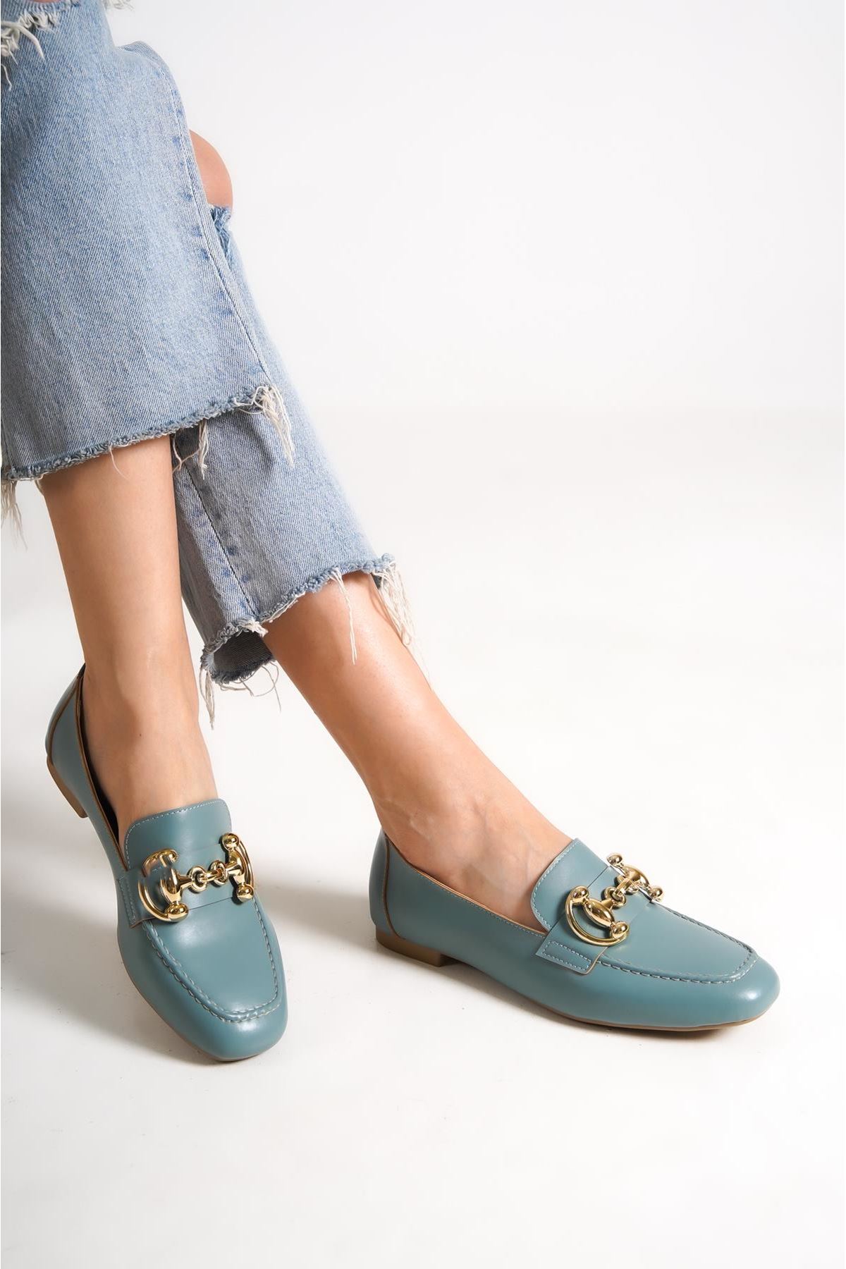 Helsy Kadın Toka Detaylı Babet Ayakkabı Kot Mavi Cilt