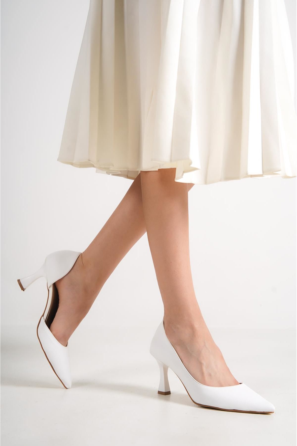 Mirinda Renkli Şeffaf Detaylı Kadın Topuklu Ayakkabı Beyaz Cilt-Sade