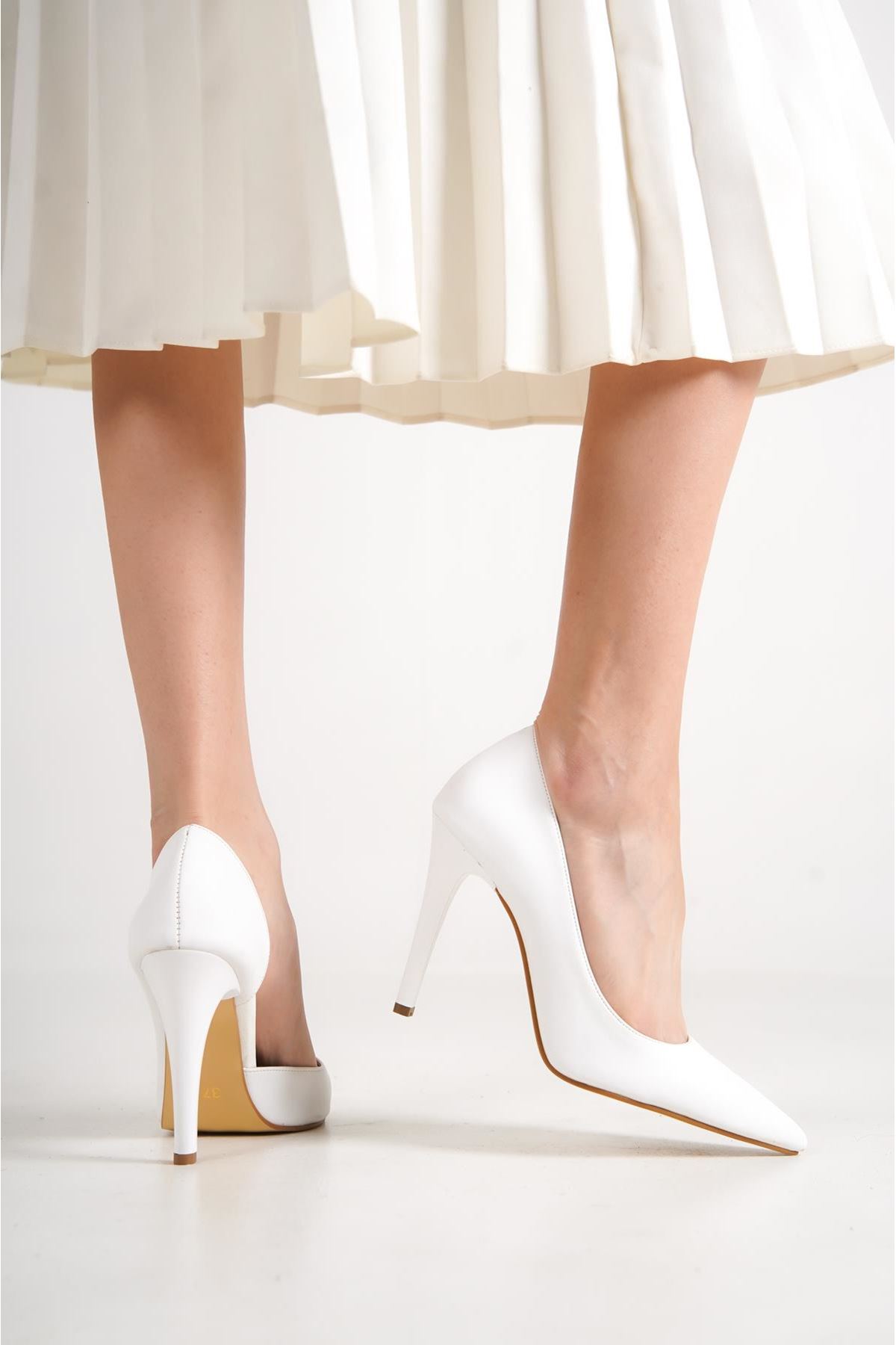 Nina Şeffaf Detaylı Kadın Topuklu Ayakkabı Beyaz Cilt-Sade