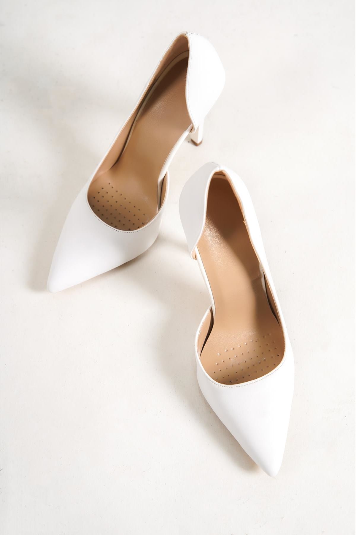 Nina Şeffaf Detaylı Kadın Topuklu Ayakkabı Beyaz Cilt-Sade