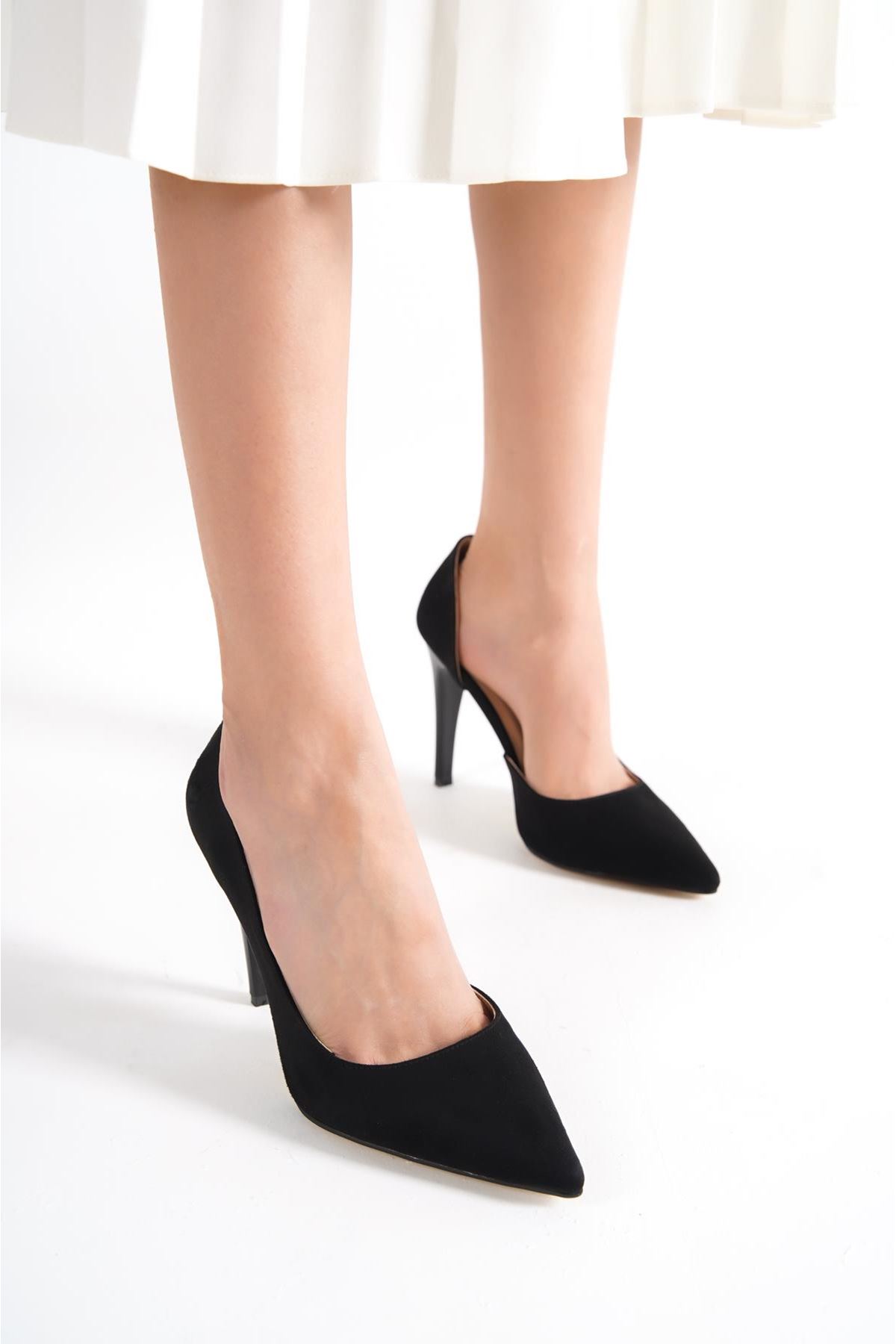 Nina Şeffaf Detaylı Kadın Topuklu Ayakkabı Siyah Süet-Sade