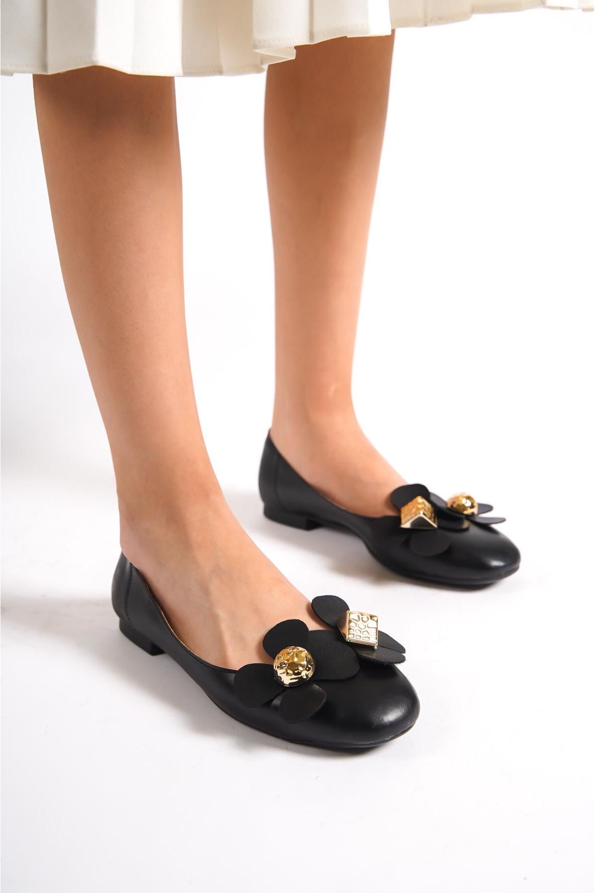 Linda Kadın Babet Ayakkabı Siyah Çiçekli