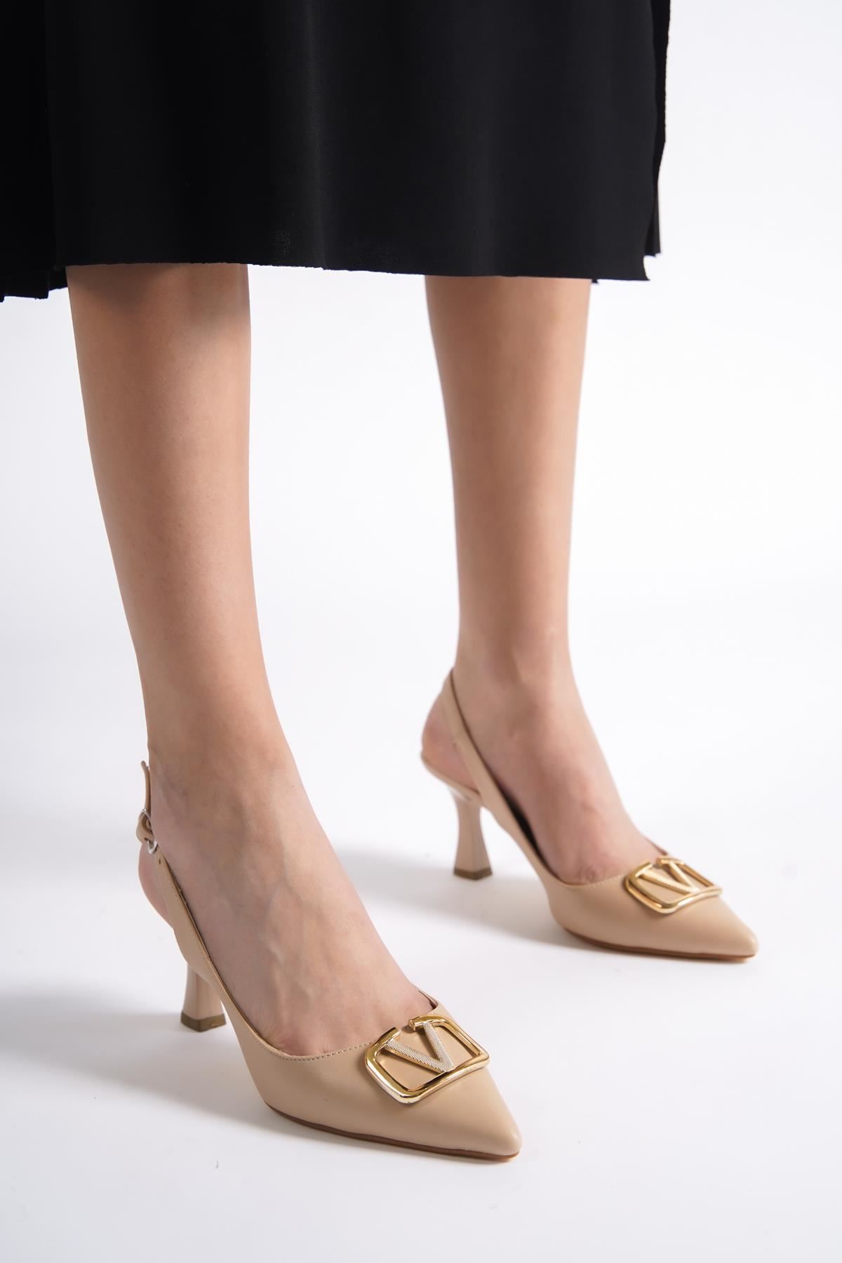 Kadın Stiletto Kısa Topuklu Ayakkabı Tweety Nude Cilt- Tokalı