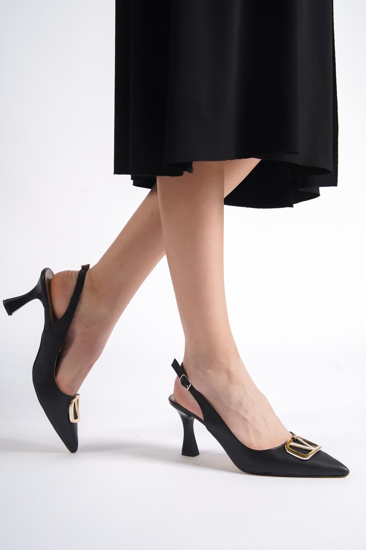 Kadın Stiletto Kısa Topuklu Ayakkabı Tweety Siyah Cilt-Tokalı