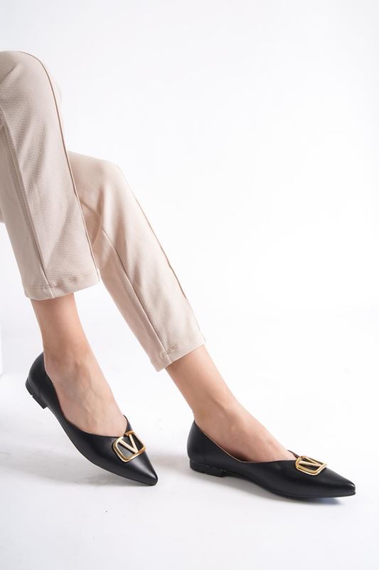 Samber Kadın Babet Ayakkabı Siyah Cilt-Tokalı