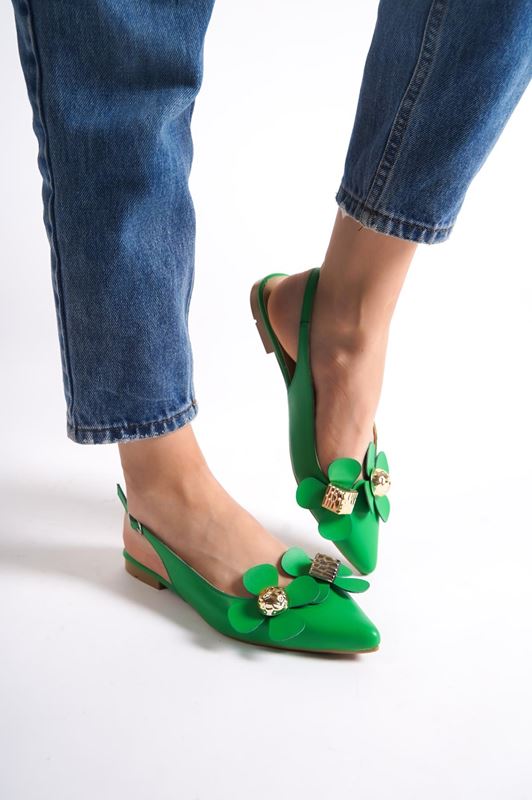 Betty Kadın Sivri Burunlu Babet Ayakkabı Yeşil Cit-çiçekli