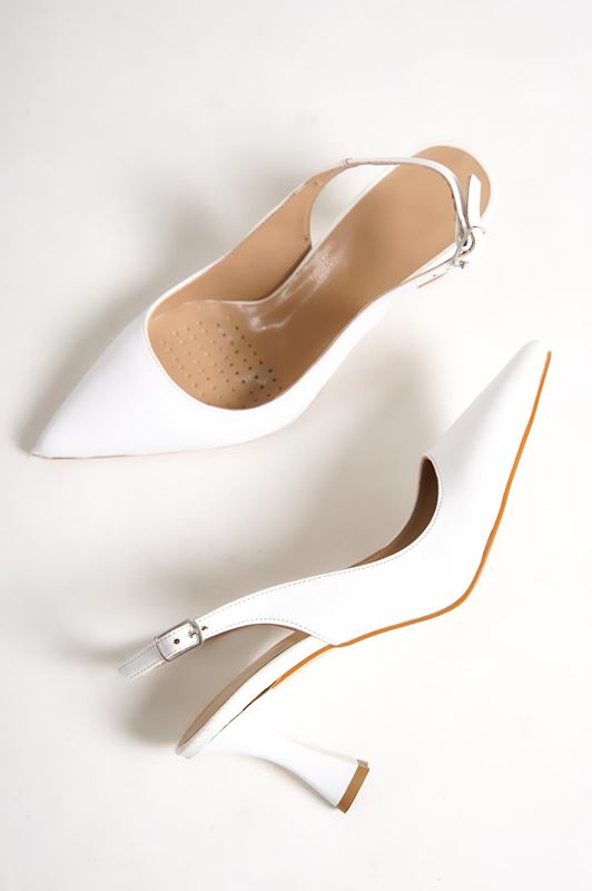 Kadın Stiletto Kısa Topuklu Ayakkabı Tweety Beyaz Cilt-Sade
