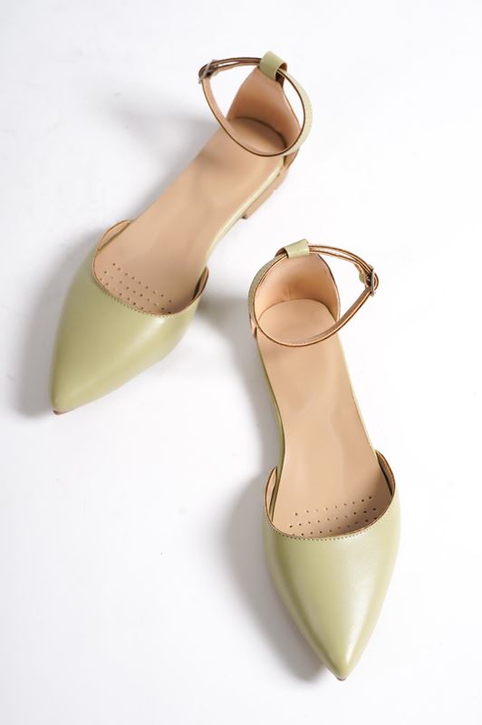 Maggie Kadın Sivri Burunlu Babet Ayakkabı Yağ Yeşili Cilt
