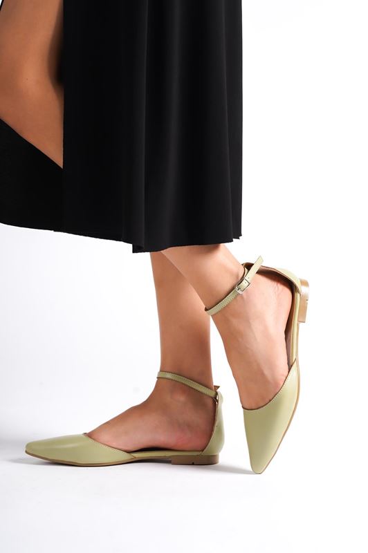 Maggie Kadın Sivri Burunlu Babet Ayakkabı Yağ Yeşili Cilt