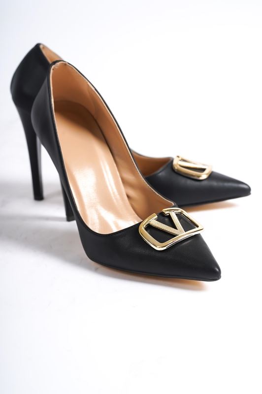 Vesper Klasik Yüksek Topuklu Kadın Ayakkabı  Siyah Cilt-Tokalı