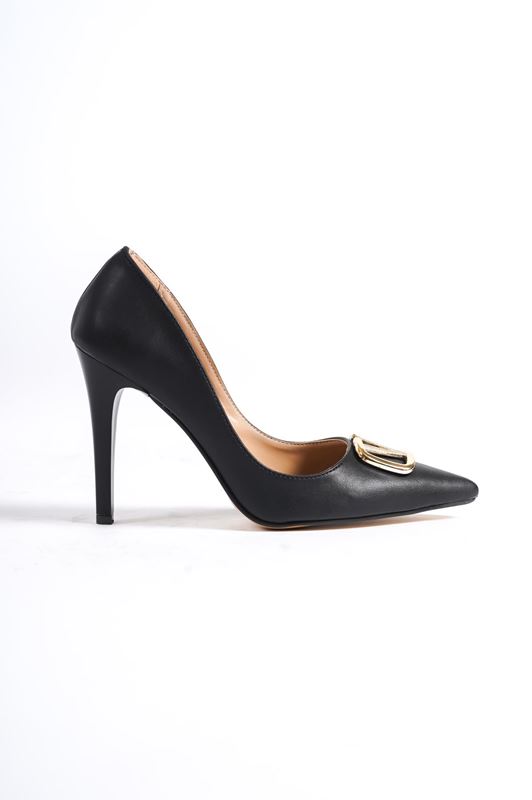 Vesper Klasik Yüksek Topuklu Kadın Ayakkabı  Siyah Cilt-Tokalı