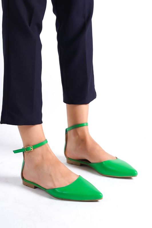 Kadın Sivri Burunlu Babet Ayakkabı Ovis Yeşil Cilt
