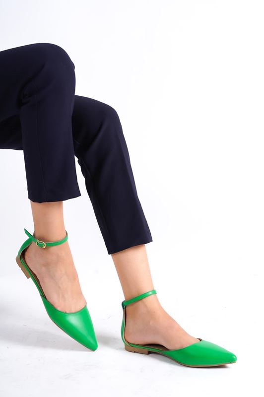 Kadın Sivri Burunlu Babet Ayakkabı Ovis Yeşil Cilt