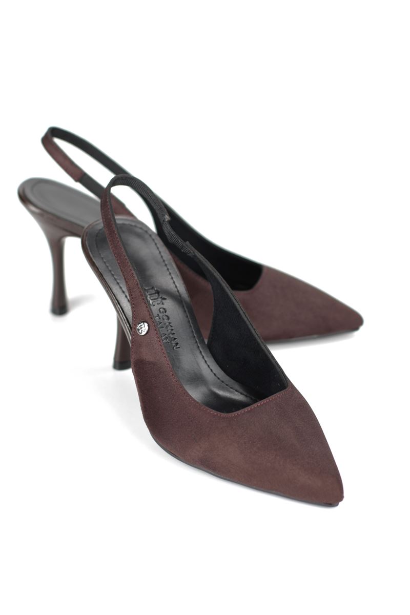 Lavender Esnek Yumuşak Kaymaz Taban (8 cm) Süet  Koyu Kahve  Açık Lastikli Kadın Topuklu Ayakkabı