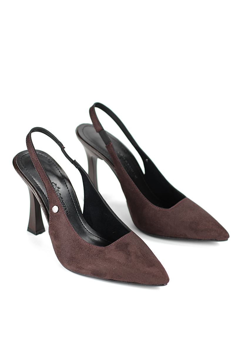 Margaret  Esnek Yumuşak Kaymaz Taban (10 cm) Süet Koyu Kahve  Açık Lastikli Kadın Kalın Topuklu Ayakkabı