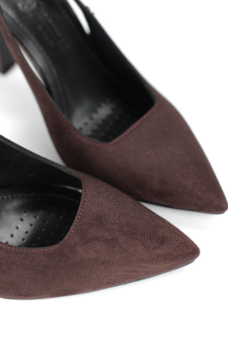 Margaret  Esnek Yumuşak Kaymaz Taban (10 cm) Süet Koyu Kahve  Açık Lastikli Kadın Kalın Topuklu Ayakkabı