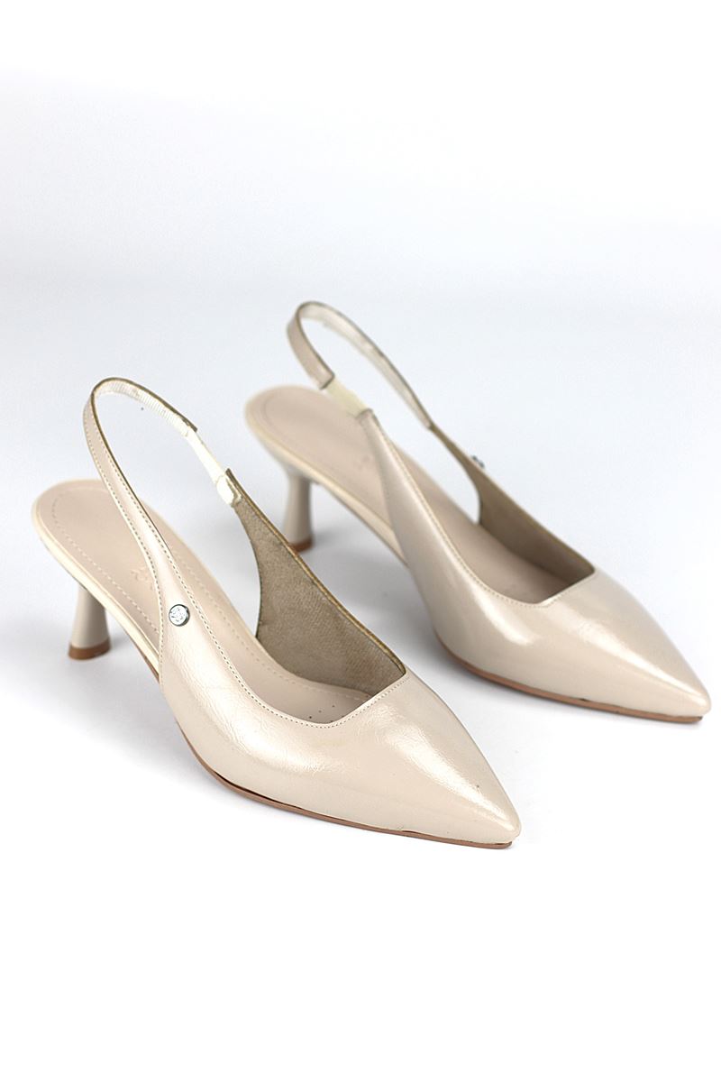 Magnolia Esnek Yumuşak Kaymaz Taban (4 cm) Bej Rugan  Açık Lastikli Kadın Topuklu Ayakkabı