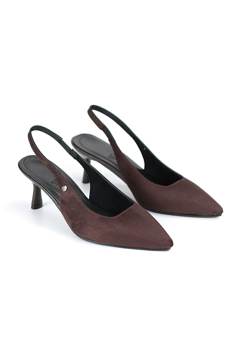 Magnolia Esnek Yumuşak Kaymaz Taban (4 cm) Koyu Kahve Süet  Açık Lastikli Kadın Topuklu Ayakkabı
