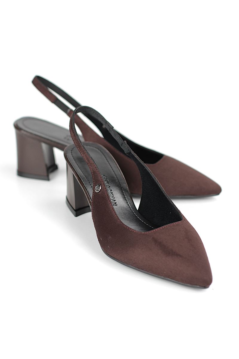 İlya Esnek Yumuşak Kaymaz Taban (4 cm) Koyu Kahve Süet  Açık Lastikli Kadın Kalın Topuklu Ayakkabı