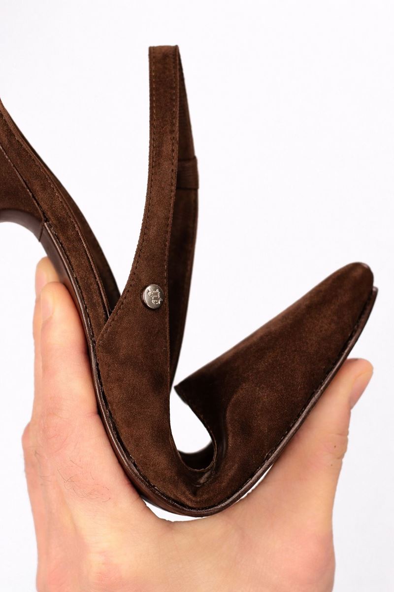 İlya Esnek Yumuşak Kaymaz Taban (4 cm) Koyu Kahve Süet  Açık Lastikli Kadın Kalın Topuklu Ayakkabı