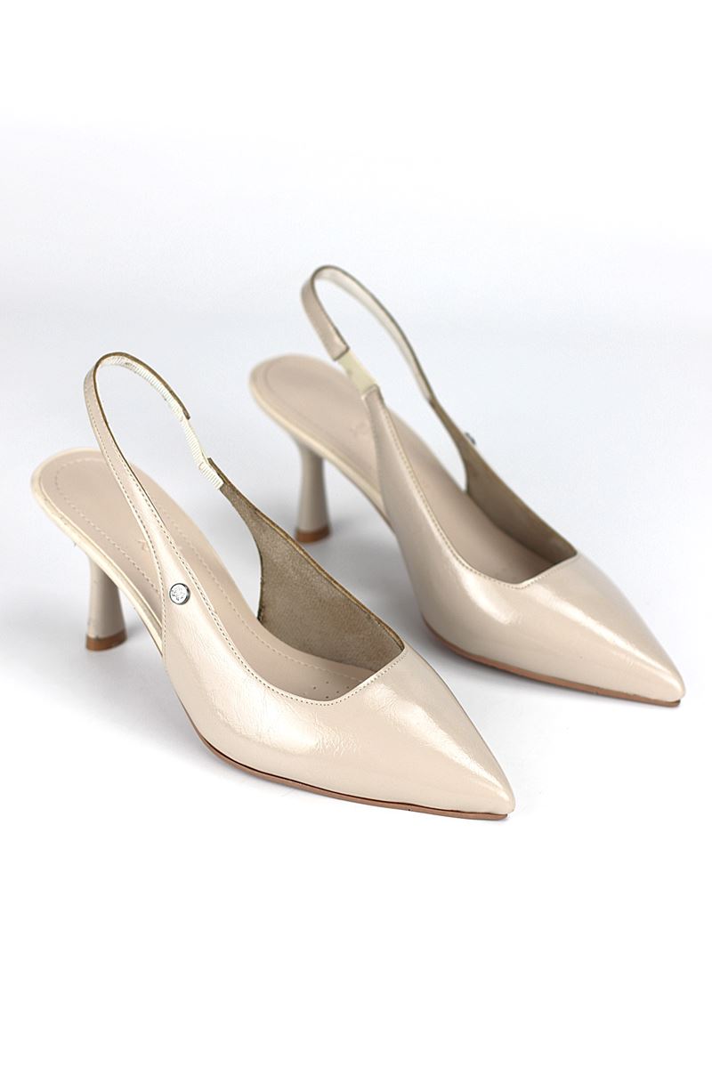 Vivienne Esnek Yumuşak Kaymaz Taban (7 cm) Bej Rugan Açık Lastikli Kadın Topuklu Ayakkabı