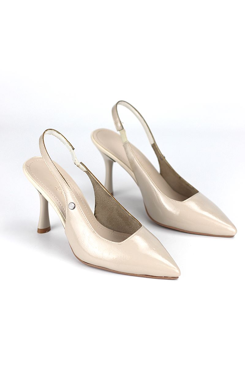 Lavender Esnek Yumuşak Kaymaz Taban (8 cm) Bej Rugan  Açık Lastikli Kadın Topuklu Ayakkabı