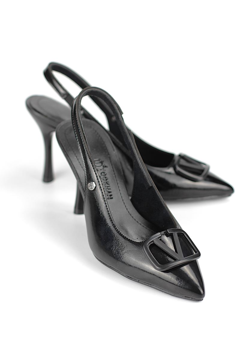 Rosalinda Esnek Yumuşak Kaymaz Taban (8 cm) Siyah Rugan  Açık Lastikli V toka Kadın Topuklu Ayakkabı