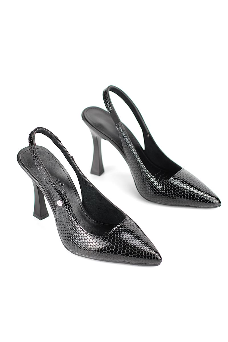 Margaret  Esnek Yumuşak Kaymaz Taban (10 cm) Rugan Siyah Yılan Baskı Açık Lastikli Kadın Kalın Topuklu Ayakkabı