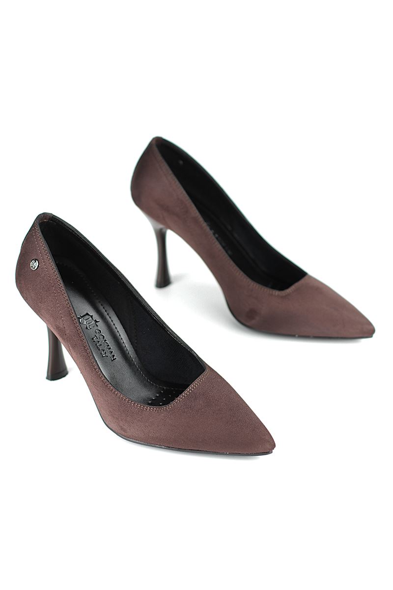 Jimena Esnek Yumuşak Kaymaz Taban (8 cm) Koyu Kahve Süet Kadın Topuklu Ayakkabı