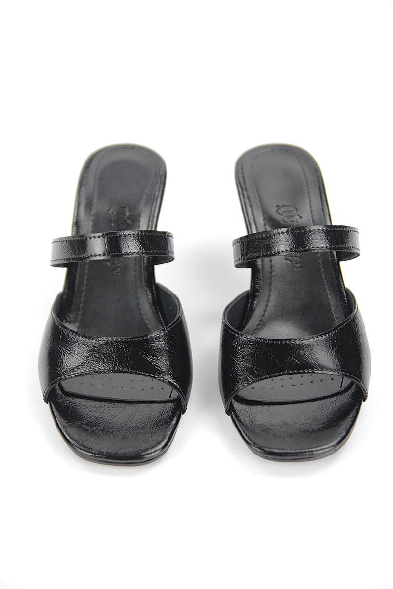 Avelin Esnek Yumuşak Kaymaz Taban (4 cm) Siyah Rugan Tek Bant Topuklu Terlik