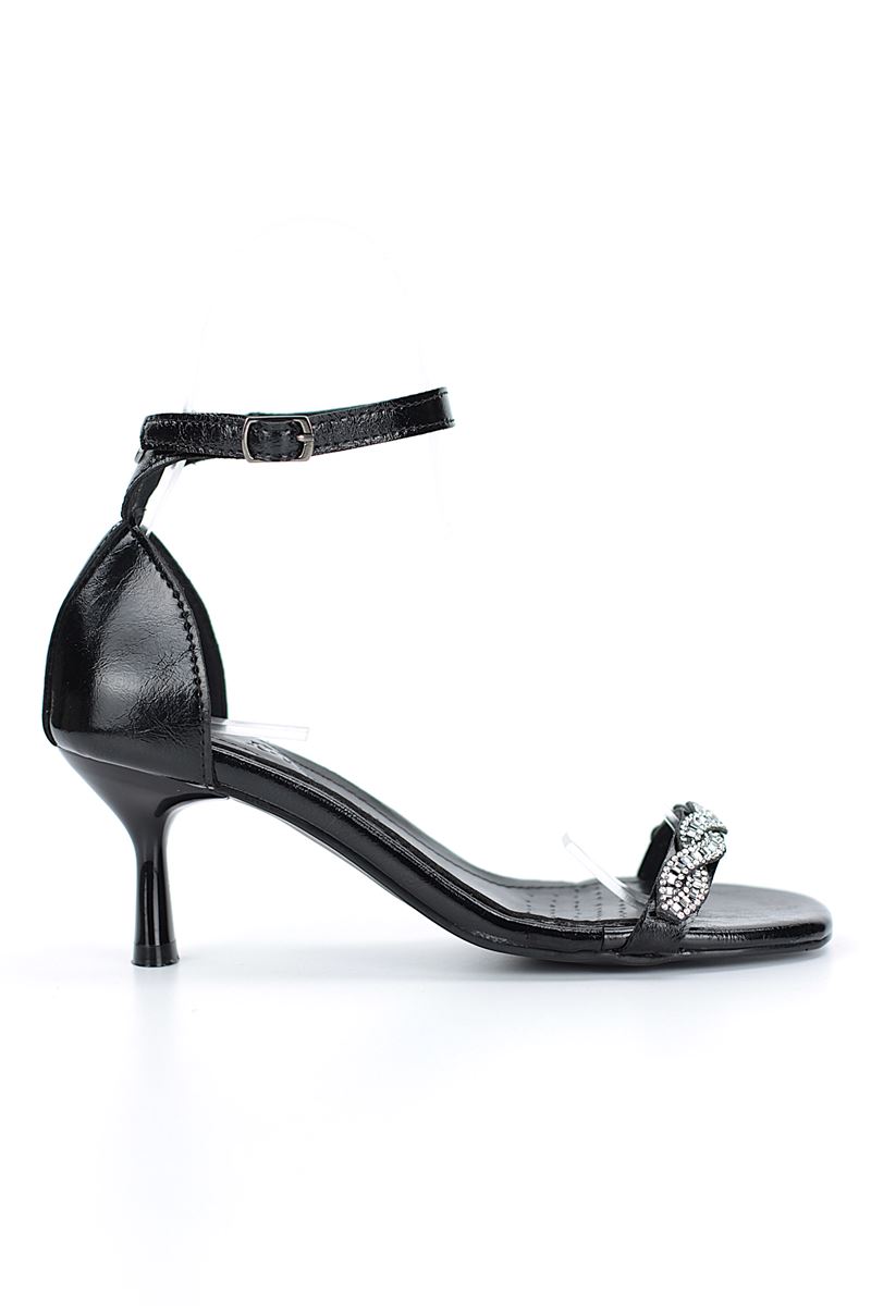 Audrey Esnek Yumuşak Kaymaz Taban (4 cm) Siyah Rugan Burgu Gümüş Bantlı Kadın Topuklu Ayakkabı