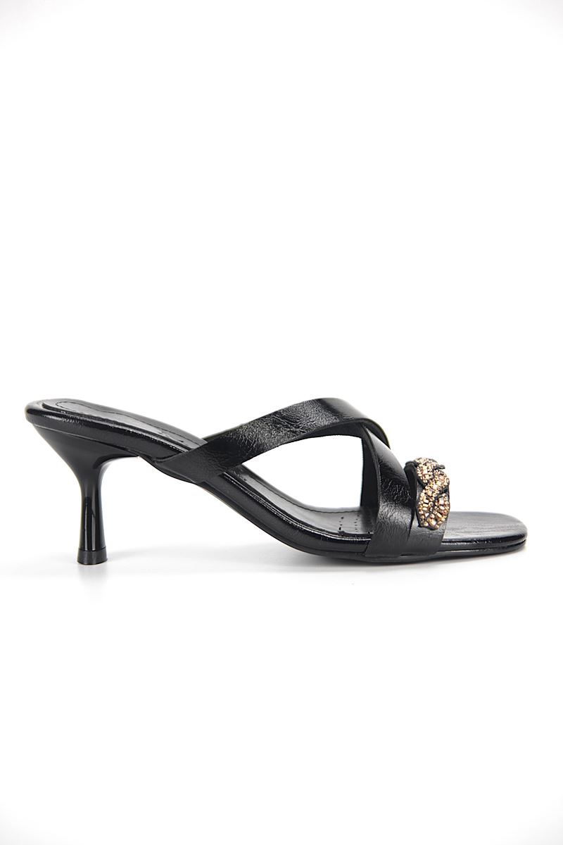 Lorena Esnek Yumuşak Kaymaz Taban (4 cm) Siyah Rugan  Çapraz Burgu Koyu Altın Bantlı Kadın Topuklu Terlik