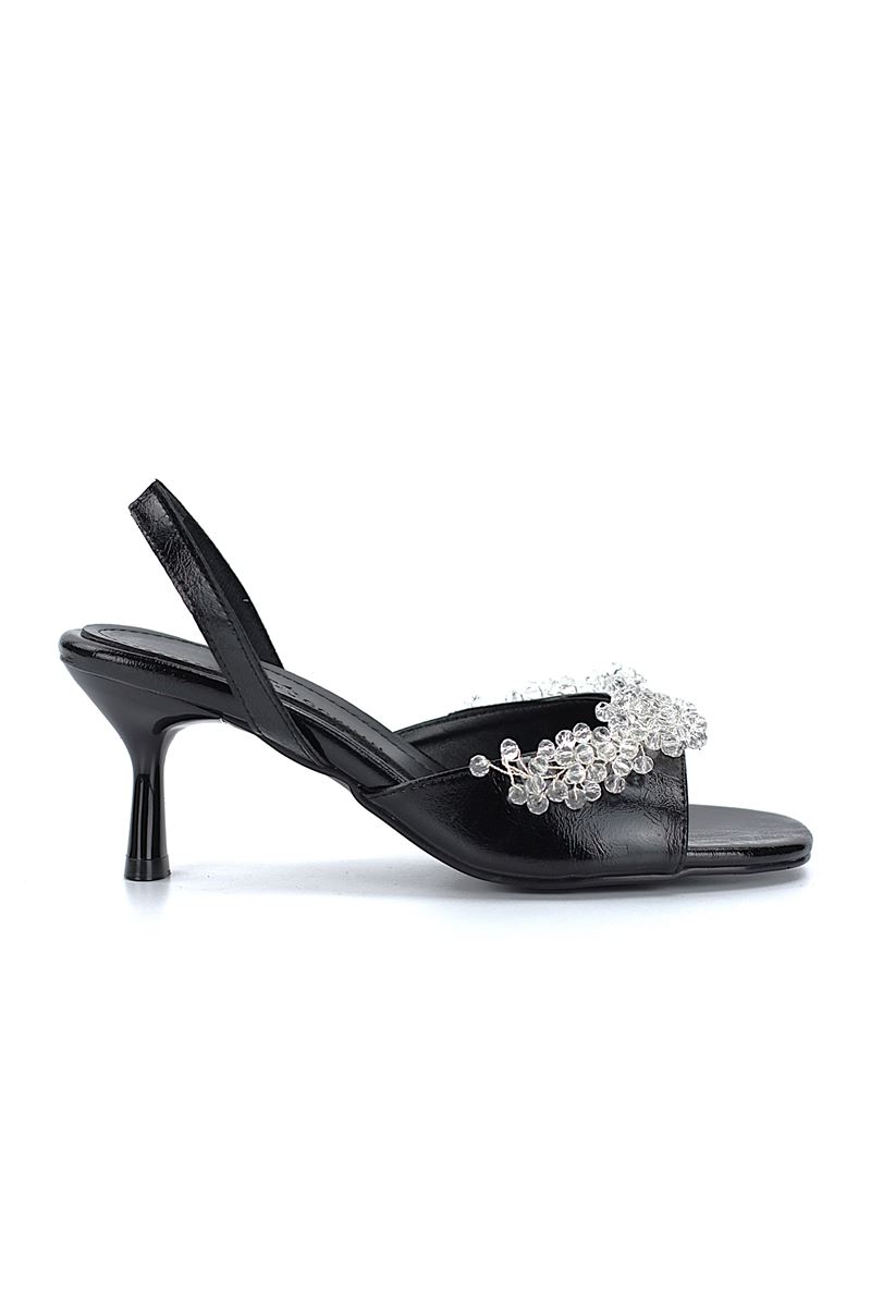 Lumira Esnek Yumuşak Kaymaz Taban (4 cm) Siyah Rugan El Yapımı Şeffaf Boncuk Detaylı Kadın Topuklu Ayakkabı