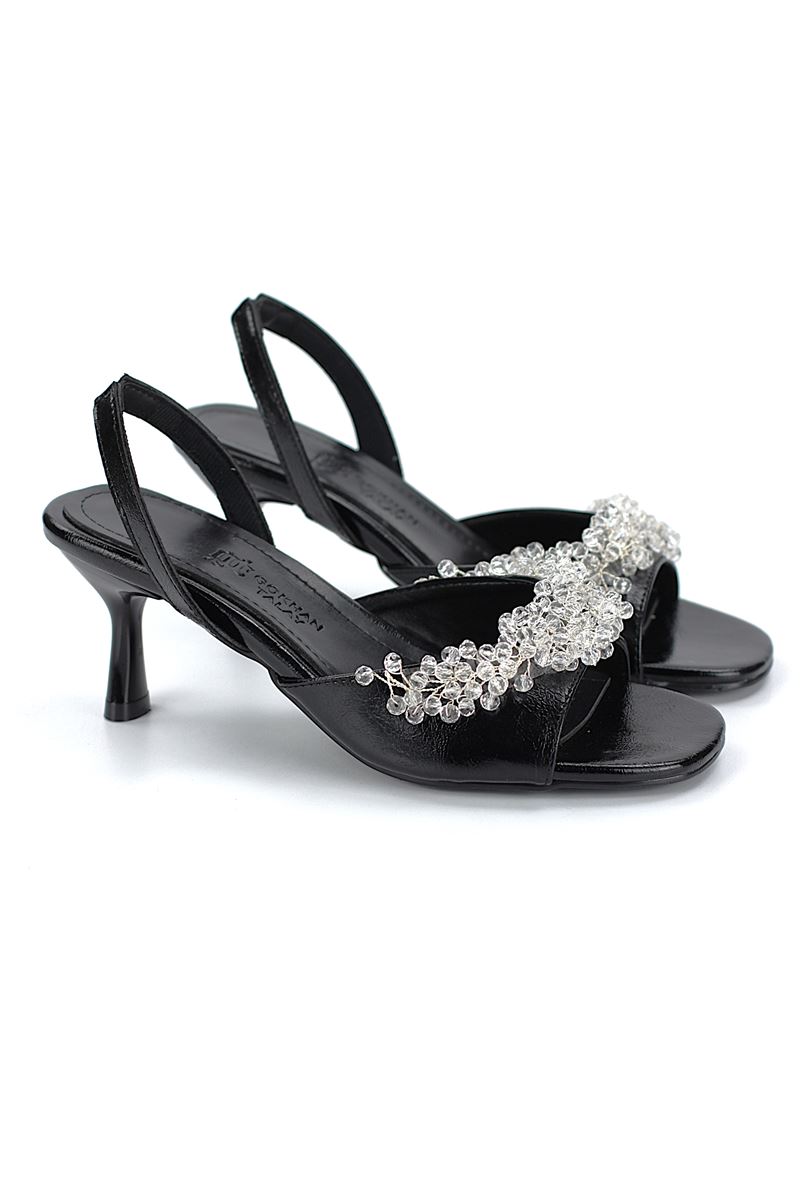 Lumira Esnek Yumuşak Kaymaz Taban (4 cm) Siyah Rugan El Yapımı Şeffaf Boncuk Detaylı Kadın Topuklu Ayakkabı