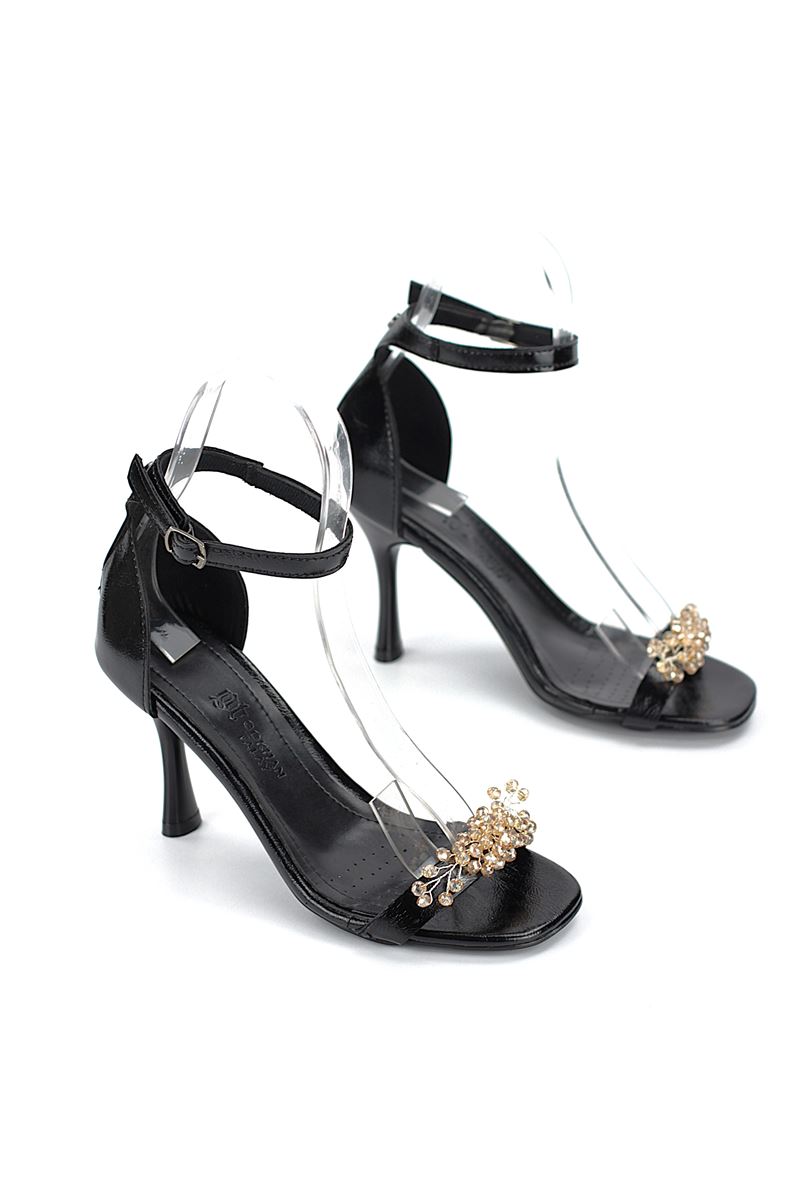 Zaya Esnek Yumuşak Kaymaz Taban (8 cm) Siyah Rugan El Yapımı Altın Boncuk Detaylı Kadın Topuklu Ayakkabı