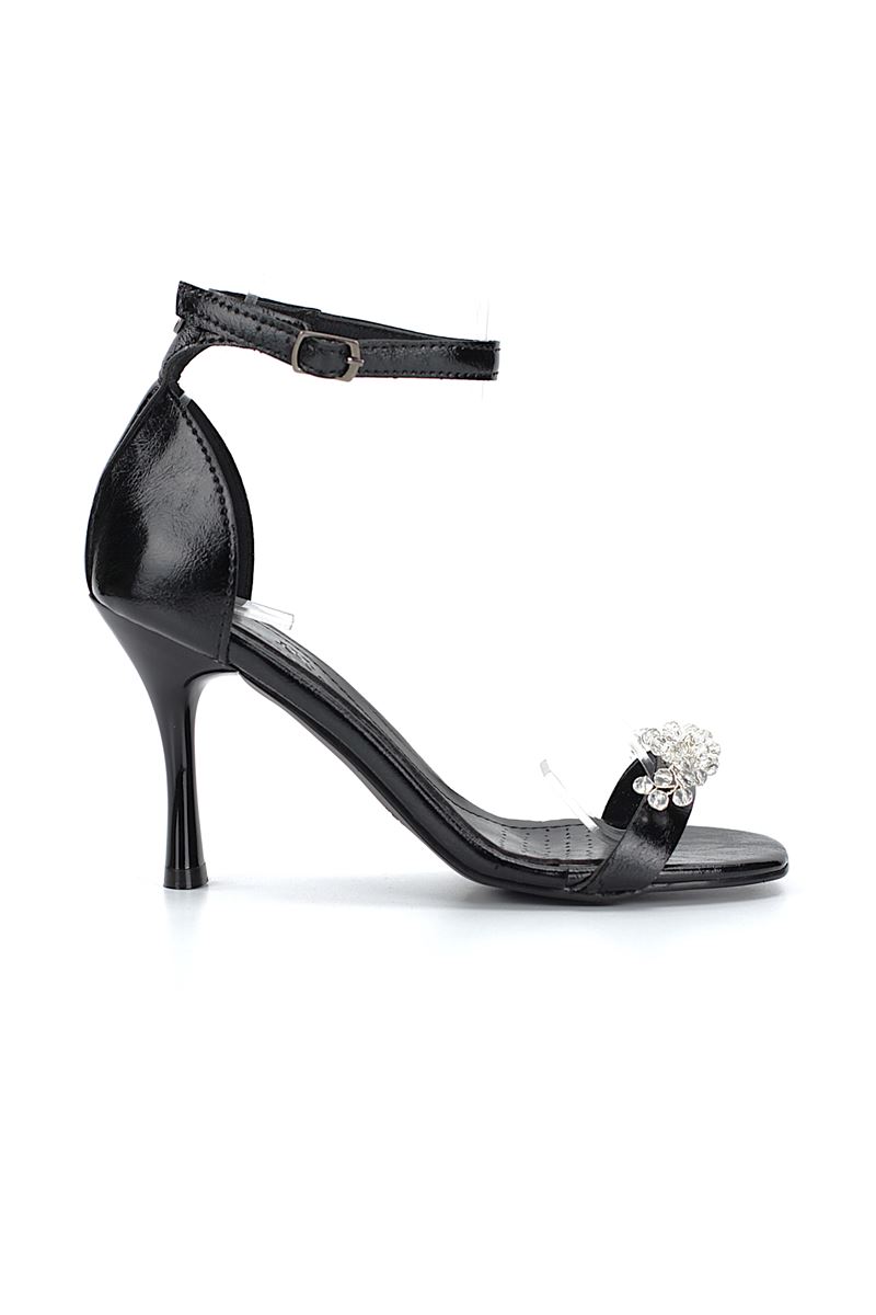 Zaya Esnek Yumuşak Kaymaz Taban (8 cm) Siyah Rugan El Yapımı Şeffaf Boncuk Detaylı Kadın Topuklu Ayakkabı