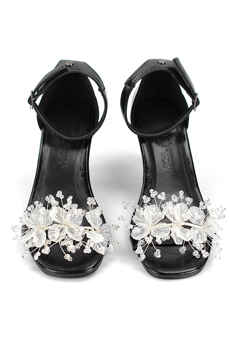 Bijou Esnek Yumuşak Kaymaz Taban (4 cm) Siyah Rugan El Yapımı Şeffaf Yaprak Detaylı Kadın Topuklu Ayakkabı