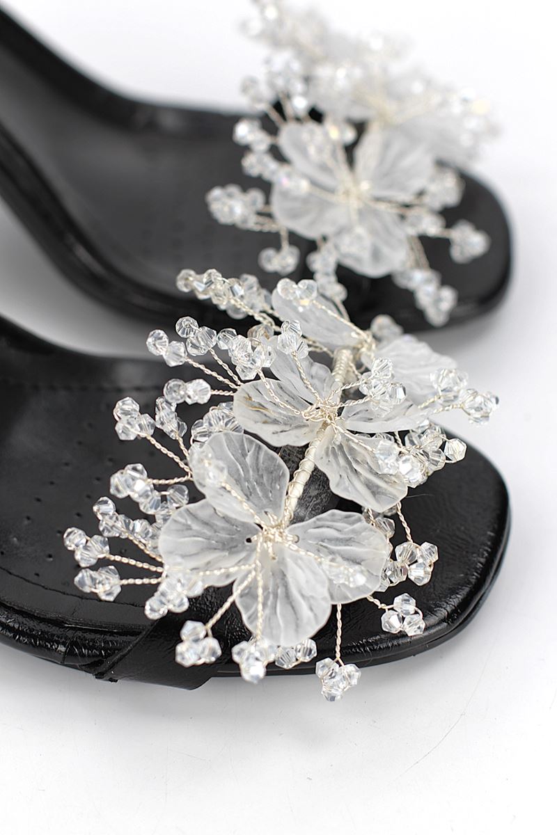 Kallista Esnek Yumuşak Kaymaz Taban (8 cm) Siyah Rugan El Yapımı Şeffaf Yaprak Detaylı Kadın Topuklu Ayakkabı