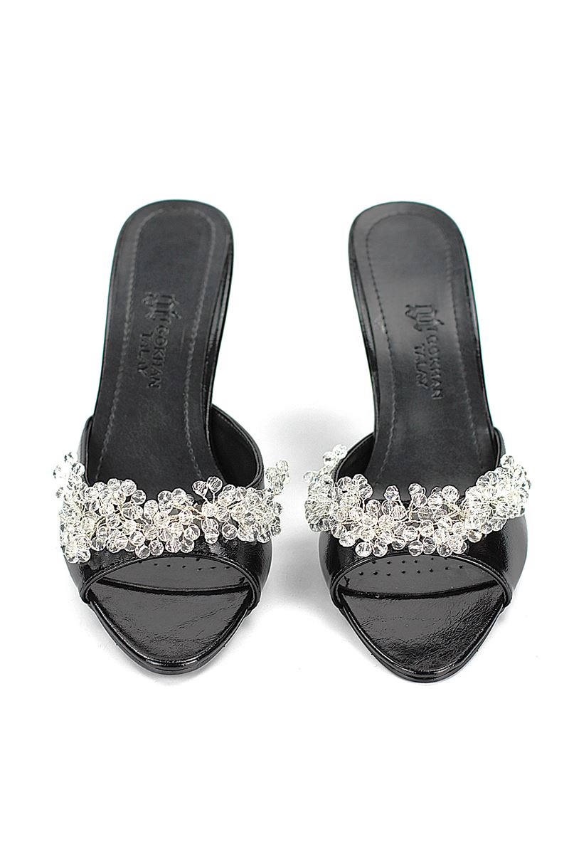 Lucine Esnek Yumuşak Kaymaz Taban (8 cm) Siyah Rugan El Yapımı Şeffaf Boncuk Detaylı Kadın Topuklu Terlik 