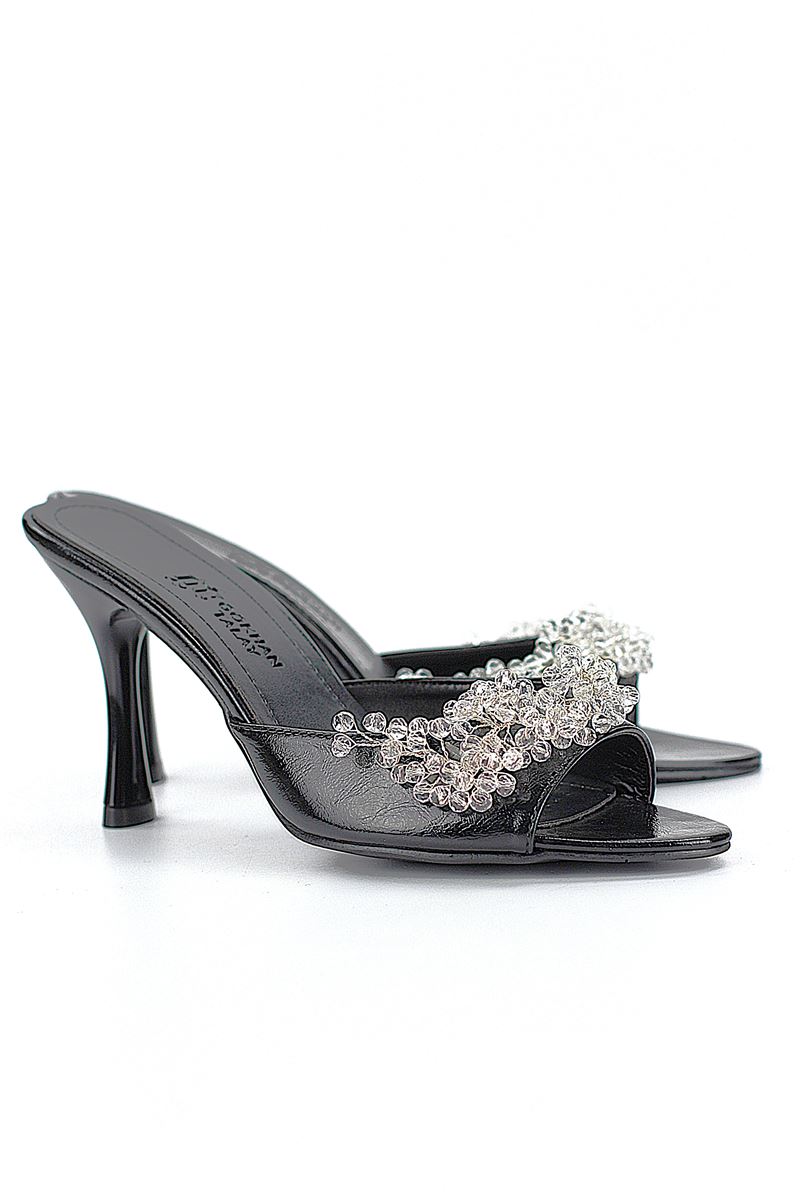 Lucine Esnek Yumuşak Kaymaz Taban (8 cm) Siyah Rugan El Yapımı Şeffaf Boncuk Detaylı Kadın Topuklu Terlik 