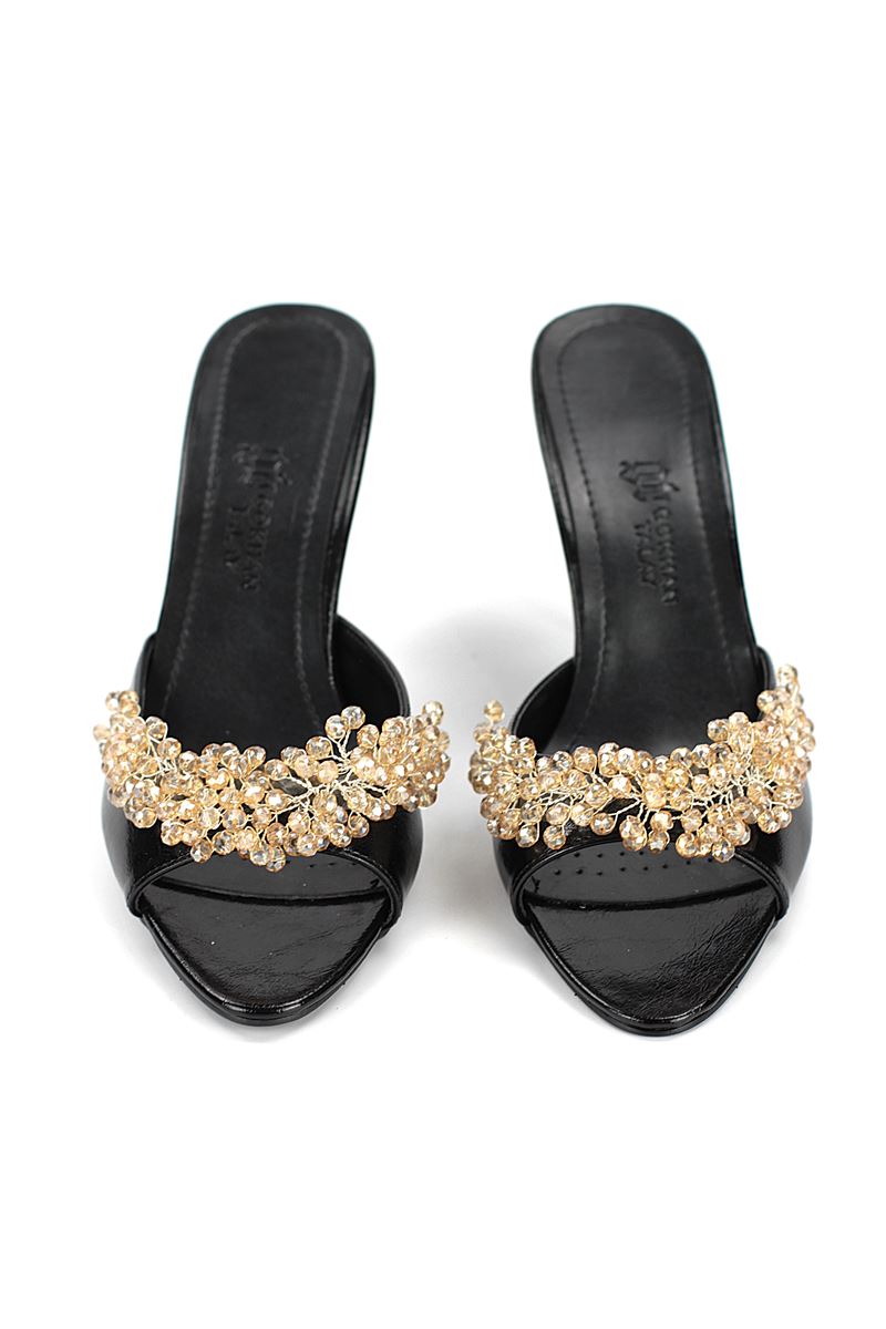 Lucine Esnek Yumuşak Kaymaz Taban (8 cm) Siyah Rugan El Yapımı Altın Boncuk Detaylı Kadın Topuklu Terlik 