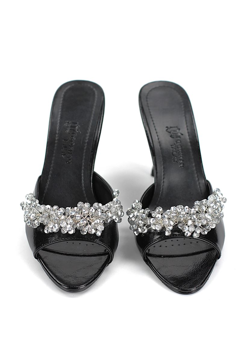 Lucine Esnek Yumuşak Kaymaz Taban (8 cm) Siyah Rugan El Yapımı Gümüş Boncuk Detaylı Kadın Topuklu Terlik 