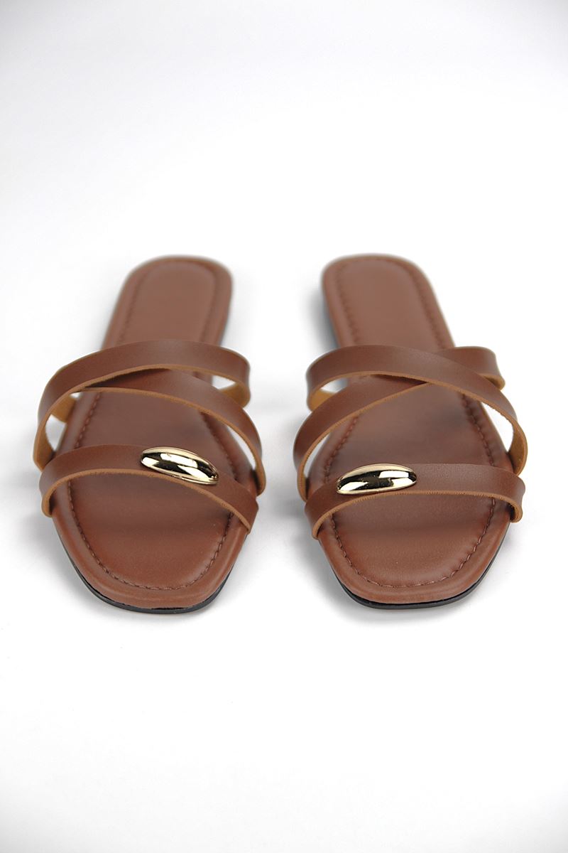  Sintra Kadın Taba Cilt Altın Renk Toka Detaylı İnce Çapraz  Terlik